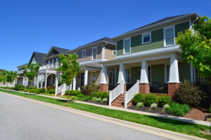 Row of residential houses, real estate market info