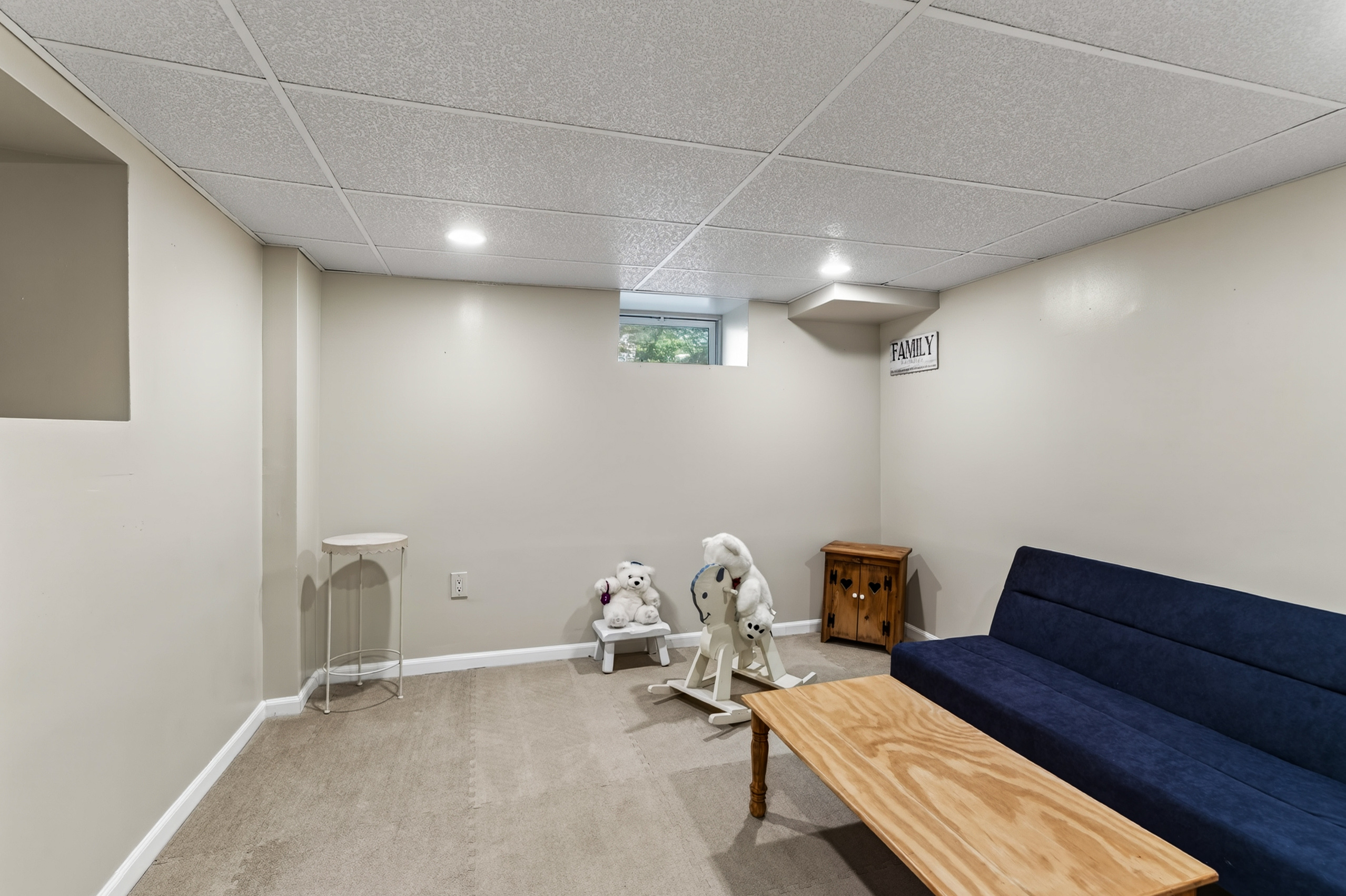 Partially finished basement with French drain and battery-backup sump system